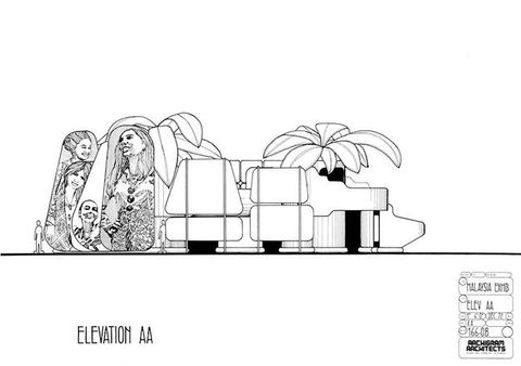 Print. A drawn elevation shows panels at least four times as high as a person standing next to one of them are covered in images of people. To our right are palm trees and the backs of signs or displays.