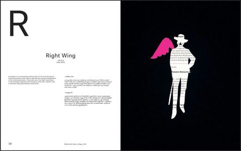 Pages of a book. On the right page, the outline of a person wearing a brimmed hat and holding a cane has been removed from a black background so it is a reverse silhouette over printed German text. Bold lettering stands out there, reading, “Kesslers Nietzsche”. A dark pink wing sprouts from the person’s right shoulder. The left page has text in English, Sinhala, and Tamil.