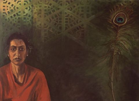 Painting. A dark-skinned woman looks out at us with black eyes from our left of this horizontal composition. A peacock feather, large in scale, rises as her counterpart on the right half. The background is geometrically patterned with a pierced screen or wallpaper across the top before fading into a murky brown across the bottom.