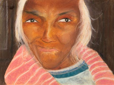 Pastel. The face of a dark-skinned, narrow-chinned woman fills this composition. Her white hair falls down each side of her face alongside high cheekbones. Black eyes look at us or just off to our right, and her lips are pressed together.