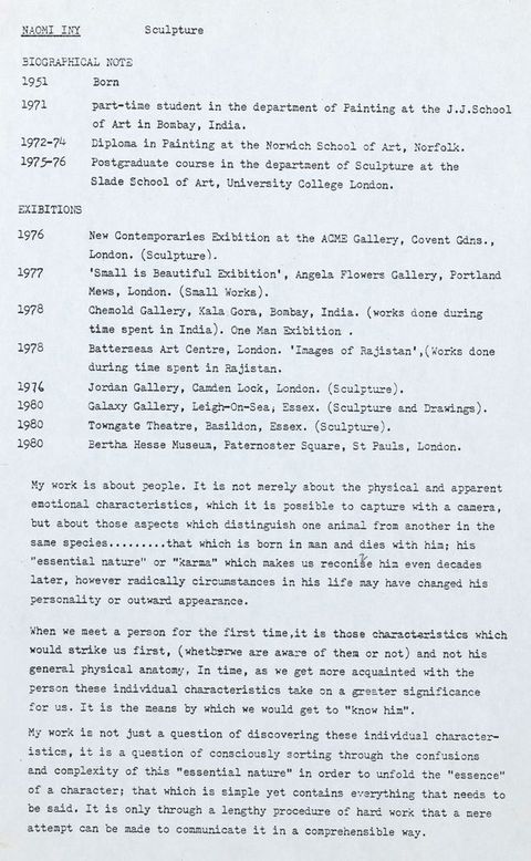 Typewritten document. Biographical notes, academic qualifications, a list of exhibitions, and an artist’s statement for Naomi Iny, though her name does not appear on our view of this document.
