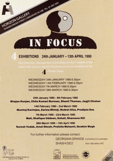 Poster. Printed in black and a touch of grey, the title is in white, stencilled letters across the shoulders of a stylized person at the top of this poster. The location is in a banner spanning the upper left corner. Below the title, text reads “4 Exhibitions 24th January – 13th April 1990”. More text follows.