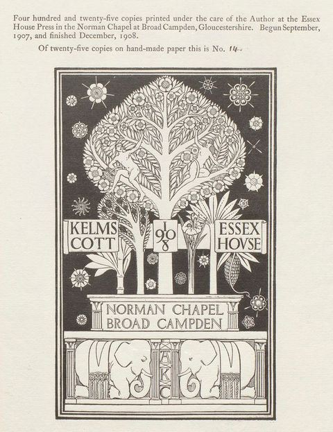 Print. A publisher’s stamp with two people in a stylized tree, which stands on platforms held up on columns. Elephants kneeling below are also flanked by columns. Geometric flowers surround the tree against a black background.
