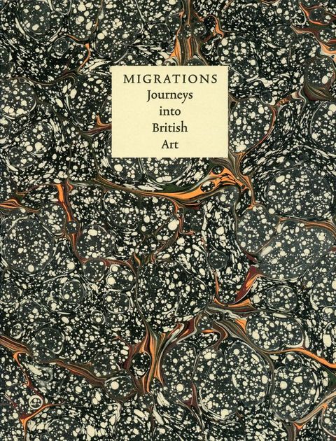 Book cover. White speckles against black are marbled with streaks of orange and grey.