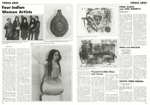 Newsletter. Two-page spread includes a black and white photograph of the four artists represented in the exhibition and four works of art. Two are prints, one is a ceramic, and one is labelled a “soft sculpture”.